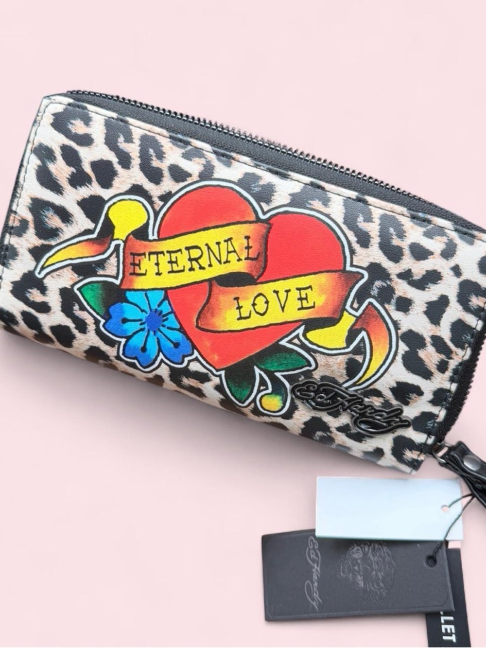 Ed Hardy Leopard Print Zip Wallet with Red Heart Artwork